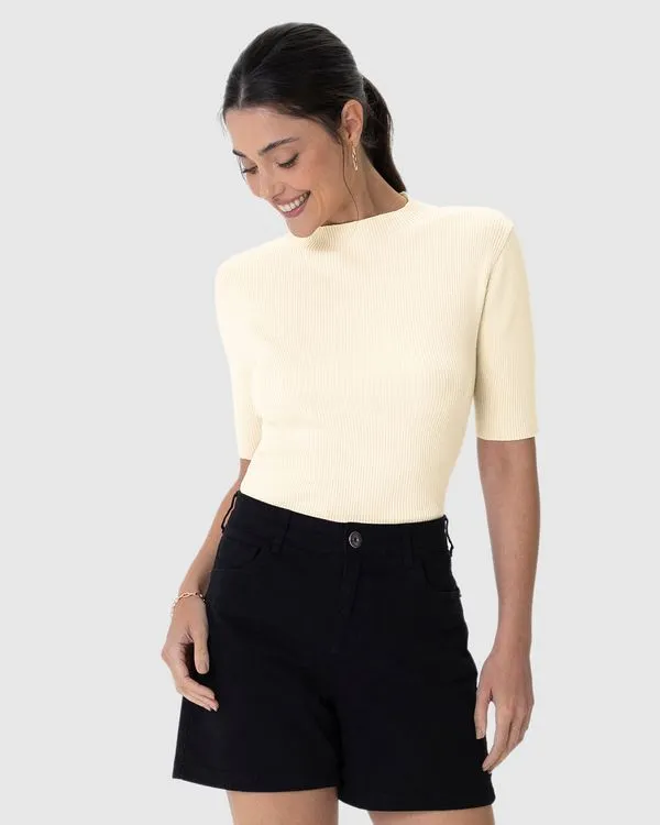Blusa Básica Feminina Manga 3/4 Em Tricô Off White - M