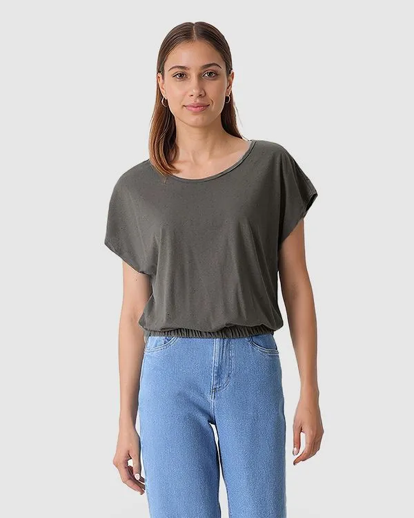 Blusa Ampla Feminina Barra Acabamento Elástico Em Malha Botonê Cinza - PP