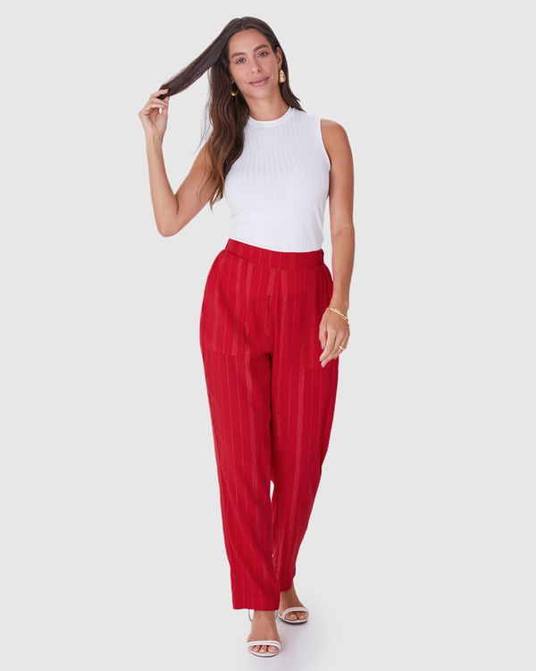 Calça Reta Feminina Bolso Lateral Em Viscose Lurex Vermelho - G
