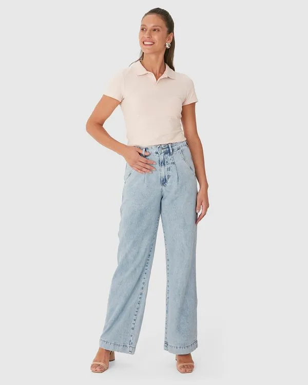 Calça Wide Leg Feminina Cintura Alta Em Jeans Leve 100% Algodão Azul - 40