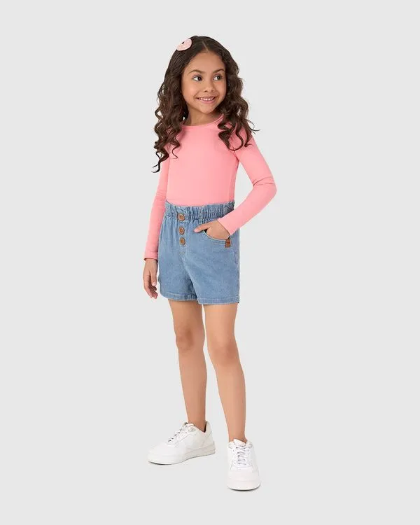 Shorts Infantil Menina Com Botões Decorativos Em Jeans Moletom Malwee Kids Azul - 16