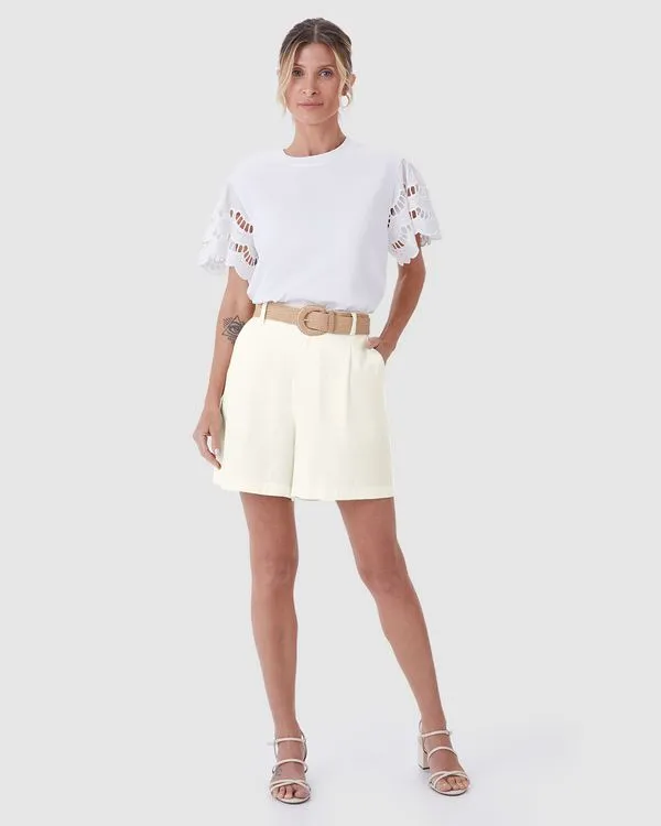 Bermuda Alfaiataria Feminina Acompanha Cinto Em Viscolinho Off White - M