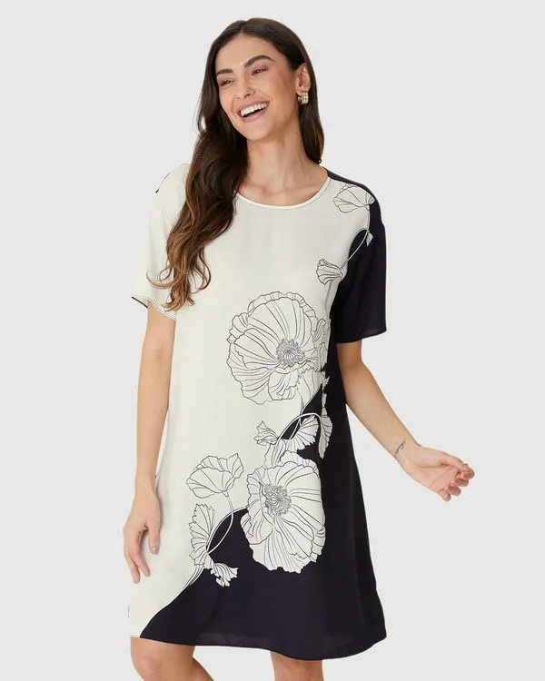 Vestido Feminino Reto Estampado Manga Curta Em Viscose Preto - G