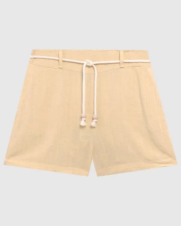 Shorts Feminino Com Cinto Cordão Em Viscolinho Amarelo - GG