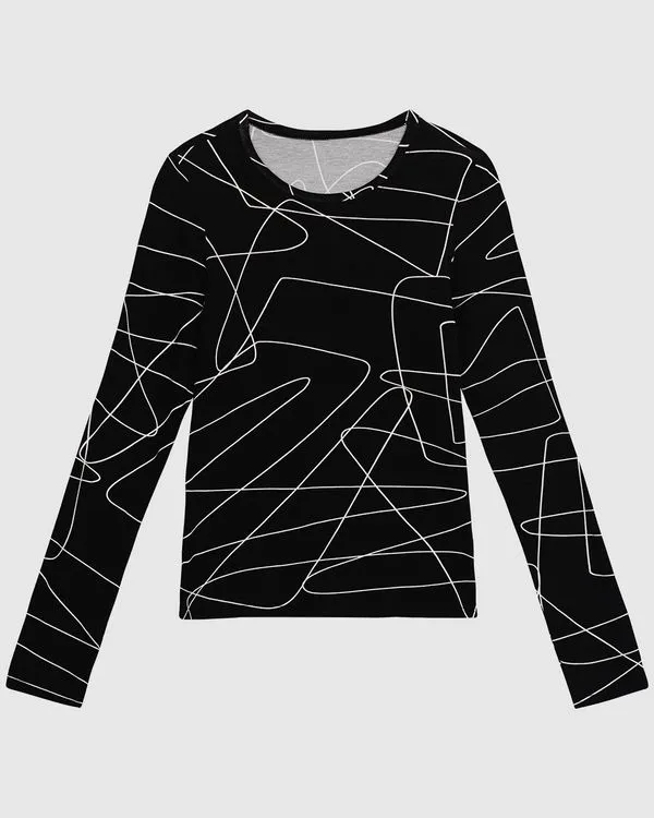 Blusa Feminina Estampada Decote Redondo Manga Longa Em Viscose Stretch Preto - M