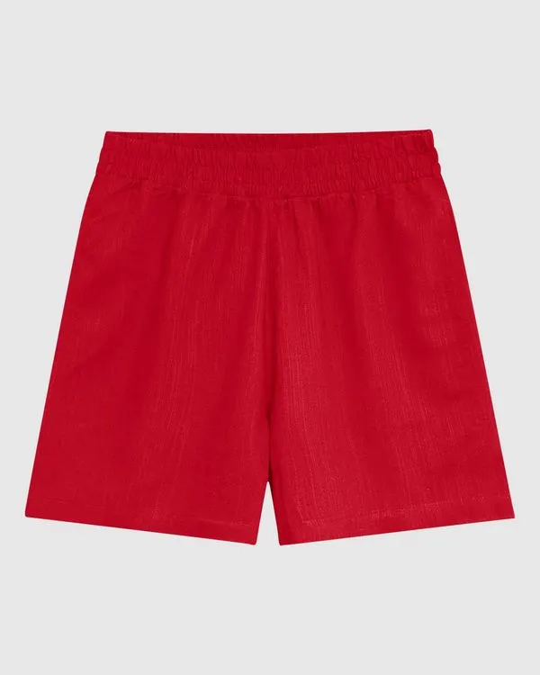 Shorts Feminino Cintura Alta Cós Elástico Em Viscolinho Vermelho - P