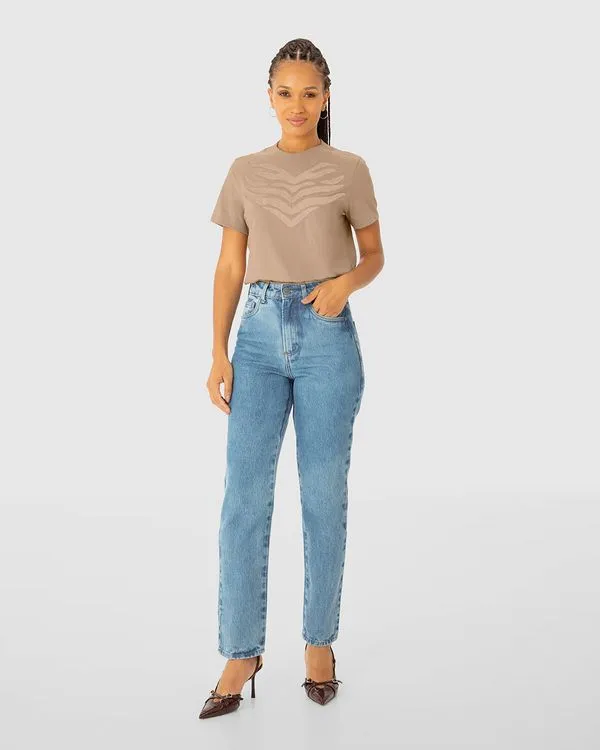 T-Shirt Feminina Slim Estampa Desenho Orgânico Em Algodão - ENFIM Marrom - G