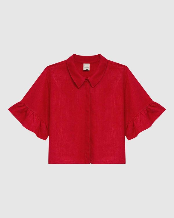 Camisa Cropped Feminina Manga Com Babado Em Viscolinho Vermelho - G