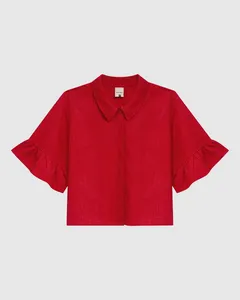 Camisa Cropped Feminina Manga Com Babado Em Viscolinho Vermelho - G