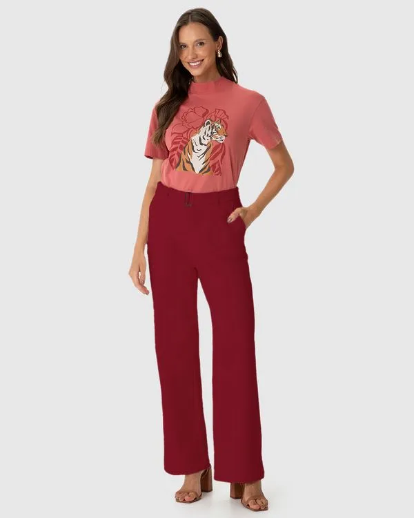 Calça Reta Feminina Com Cinto E Bolso Funcional Em Moletom Flanelado Vermelho - P