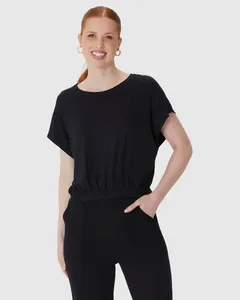 Blusa Cropped Feminina Barra Elástico Em Viscose Stretch Preto - P