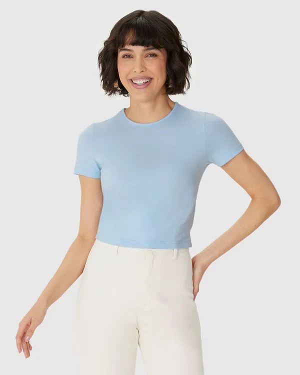 Blusa Long Cropped Feminina Manga Curta Em Algodão Azul - P