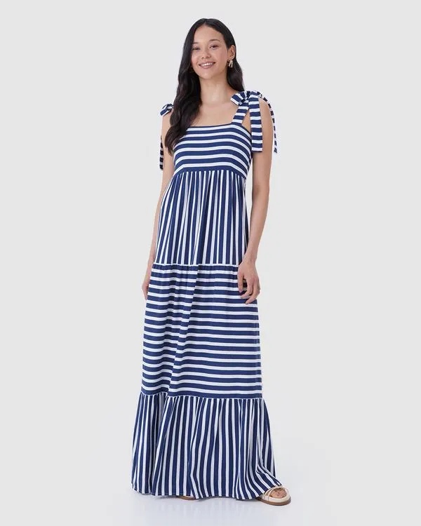 Vestido Longo Feminino Marias Alça Amarração Em Viscolinho Azul - M