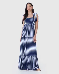 Vestido Longo Feminino Marias Alça Amarração Em Viscolinho Azul - M
