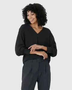 Camisa Ampla Feminina Decote V Abotoamento Frontal Em Viscose Sarjada Preto - M