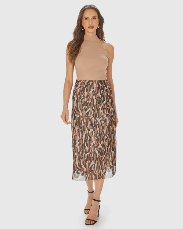 Saia Reta Feminina Animal Print Fenda Lateral Em Tule Stretch Cinza - M
