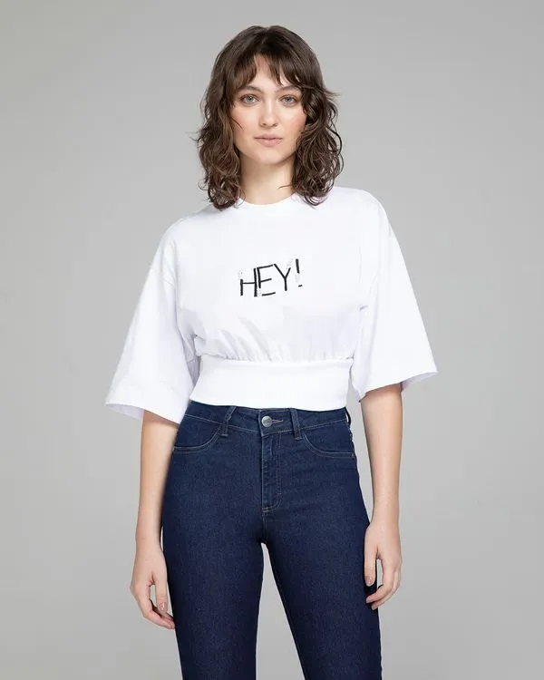 T-Shirt Cropped Feminina Bordado Frontal Em Algodão - ENFIM Branco - PP