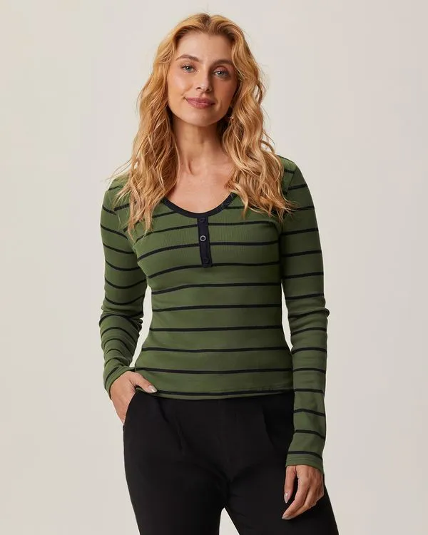 Blusa Justa Feminina Listrada Decote V Peitilho Com Botões Em Ribana Verde - XGG