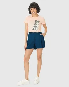 Shorts Alfaiataria Feminino Pregas Frontais Em Viscose Sarjada Azul - P