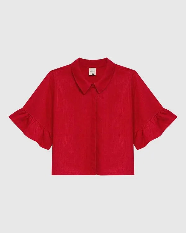 Camisa Cropped Feminina Manga Com Babado Em Viscolinho Vermelho - M