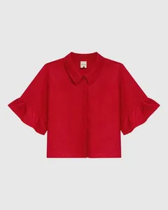 Camisa Cropped Feminina Manga Com Babado Em Viscolinho Vermelho - PP