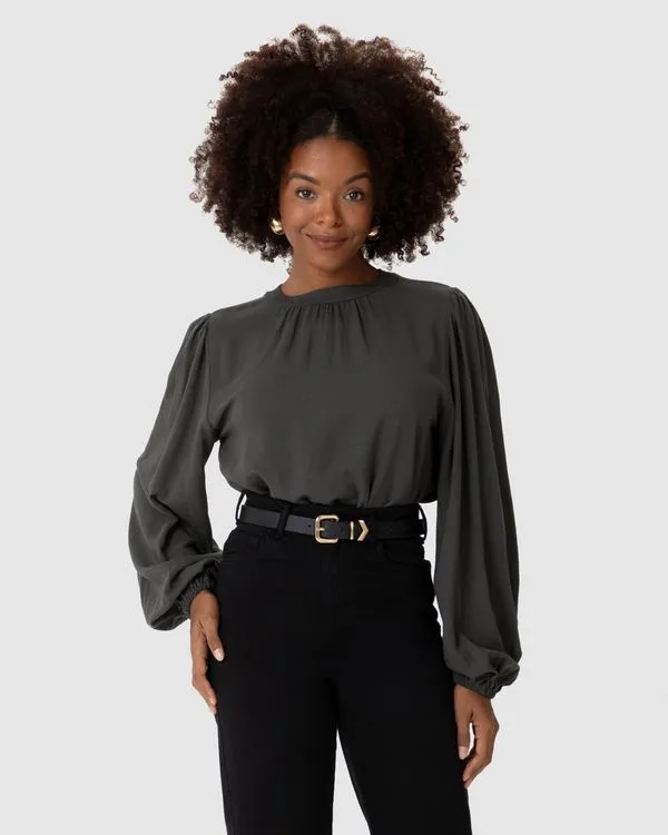 Blusa Ampla Feminina Manga Longa Bufante Em Viscolinho Cinza - M