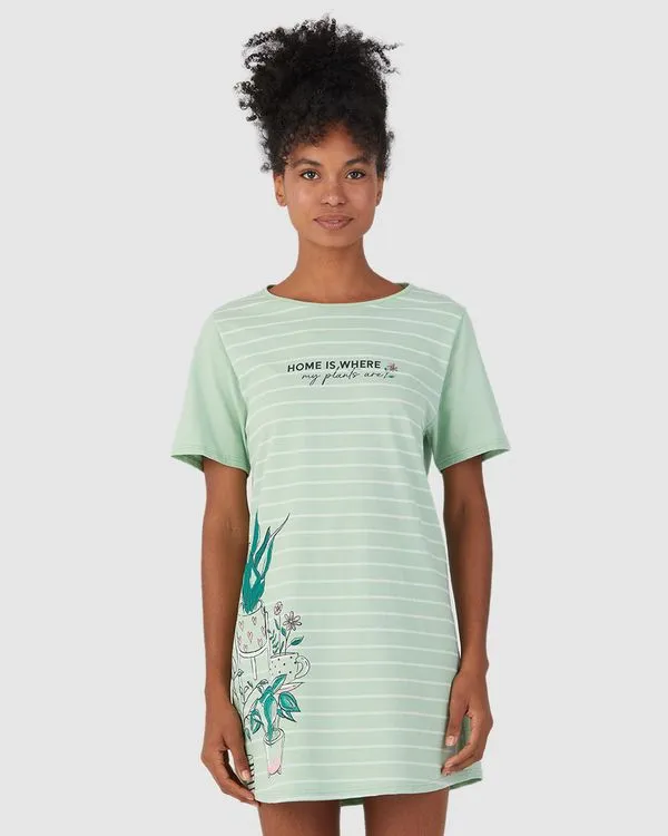 Camisola Feminina Manga Curta Listrada Em Algodão Verde - XGG