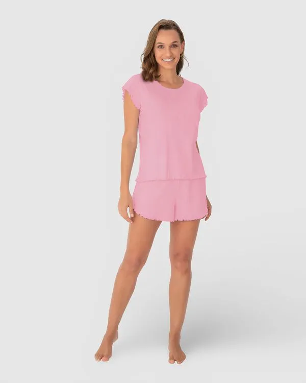 Pijama Feminino Costura Picot Em Malha Com Elastano Rosa - M