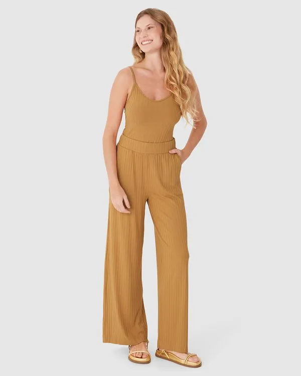 Calça Wide Leg Feminina Cintura Alta Em Malha Canelada De Viscose Marrom - XGG