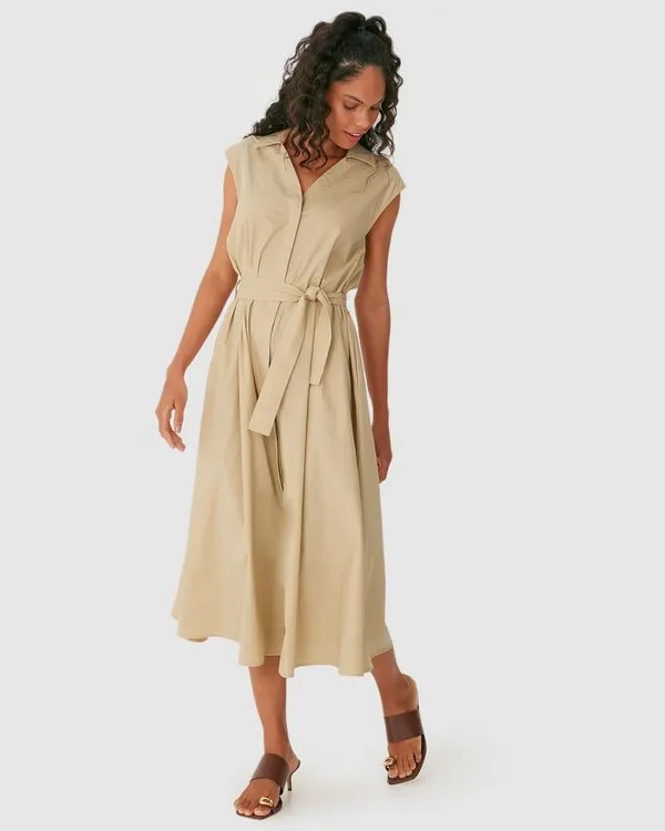 Vestido Chemise Com Cinto E Bolso Funcional Em Tricoline Bege - G