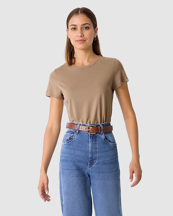 Blusa Básica Feminina Decote Redondo Manga Curta Em Malha Algodão Pima Marrom - XGG