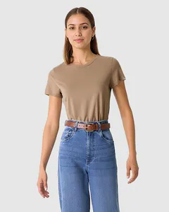 Blusa Básica Feminina Decote Redondo Manga Curta Em Malha Algodão Pima Marrom - XGG
