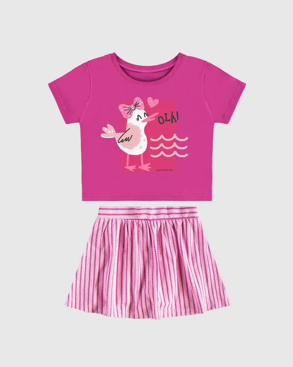 Conjunto Infantil Menina Saia Em Malha Texturizada Listrada Malwee Kids Rosa - 4