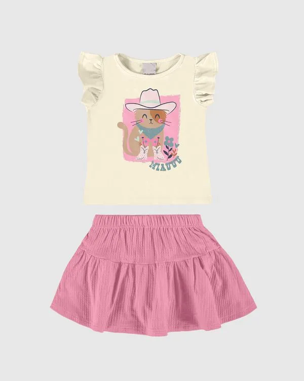 Conjunto Infantil Menina Blusa Estampada E Saia Evasê Malwee Kids Off White - 4