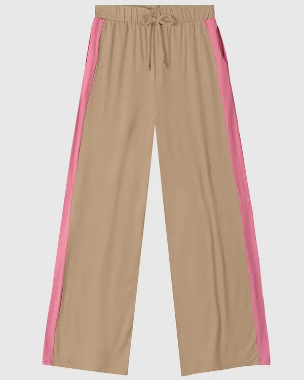 Calça Wide Leg Feminina Recorte Lateral Em Viscose Stretch Marrom - PP