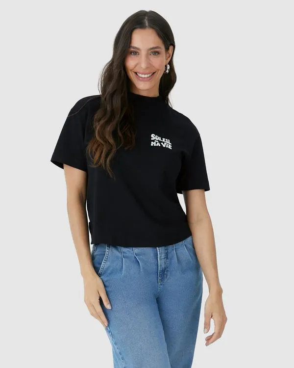 Camiseta Feminina Gola Alta Soleil De Ma Vie Em Algodão Preto - M