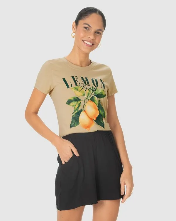 Camiseta Feminina Lemon Fresh Em Algodão Bege - G