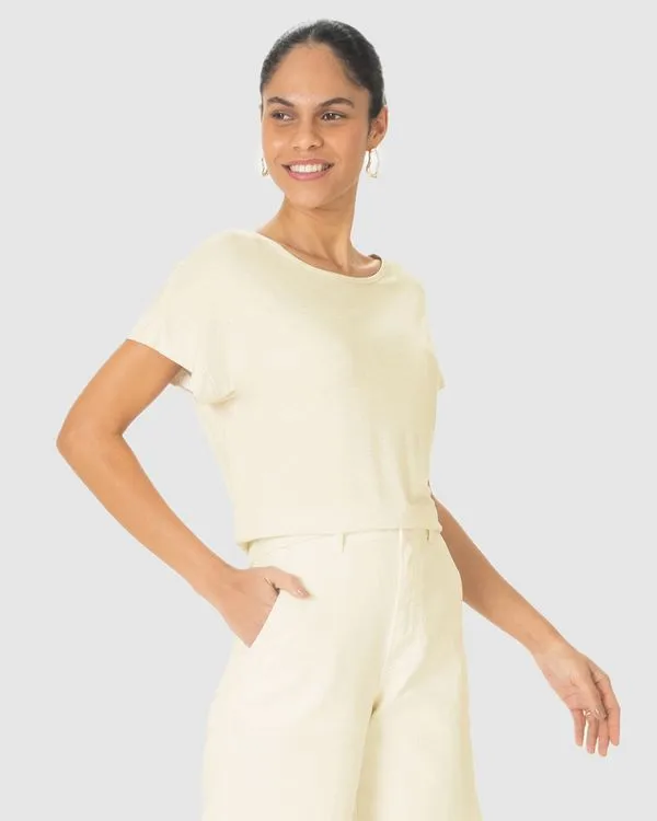Blusa Ampla Feminina Manga Curta Em Malha Viscolinho Stretch Off White - M