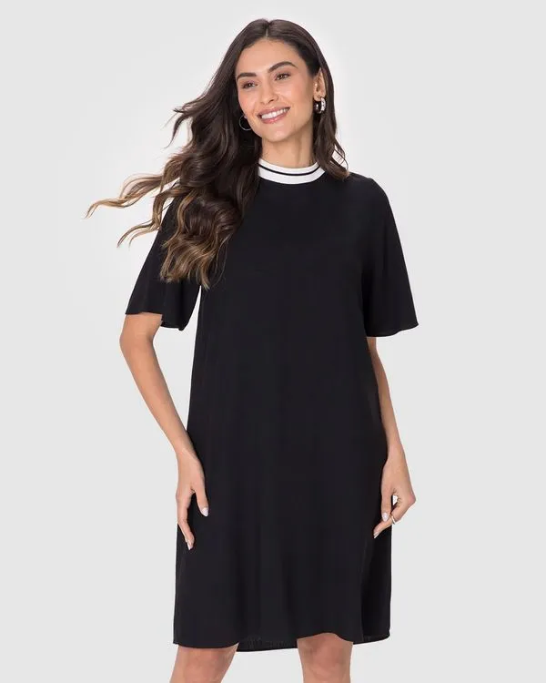 Vestido Amplo Feminino Decote Retilínea Em Viscolinho Texturizado Preto - GG