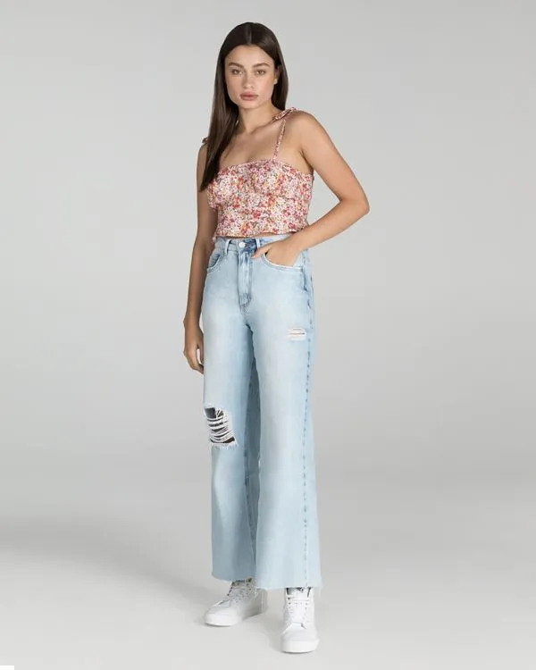 Blusa Cropped Feminina Alça Fina Floral Em Viscose - Enfim Branco - PP