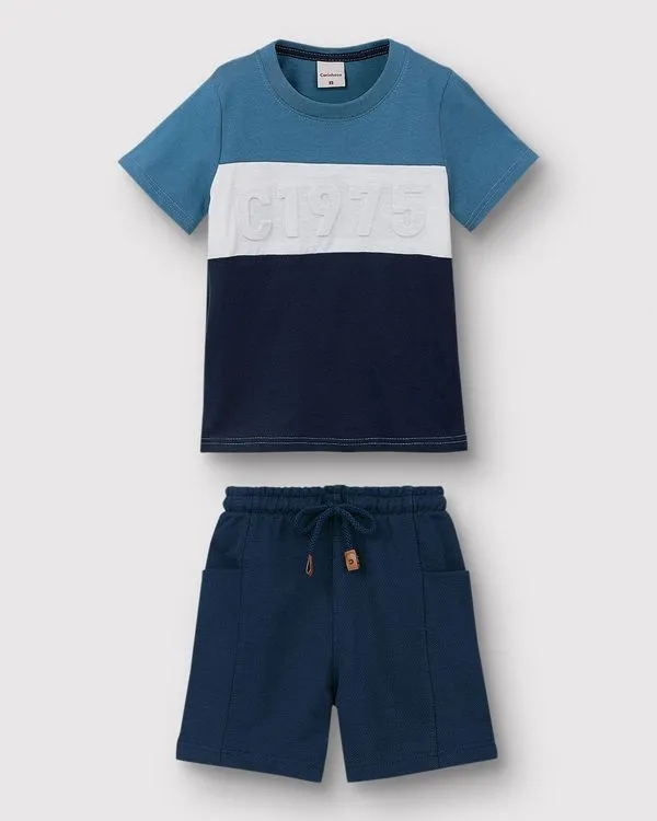 Conjunto Menino Camiseta Estampa C1975 Embossing Em Algodão - Carinhoso Azul - 4