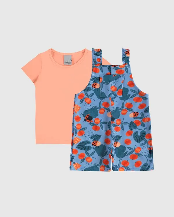 Conjunto Infantil Menina Blusa + Macaquinho Estampado Em Algodão Malwee Kids Laranja - 1