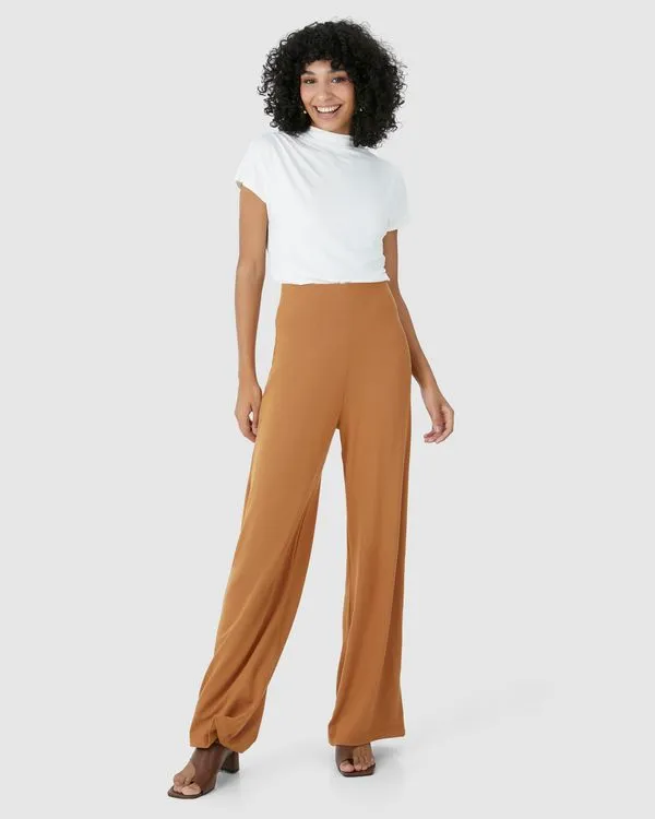 Calça Wide Leg Feminina Em Moletinho De Viscose Marrom - GG