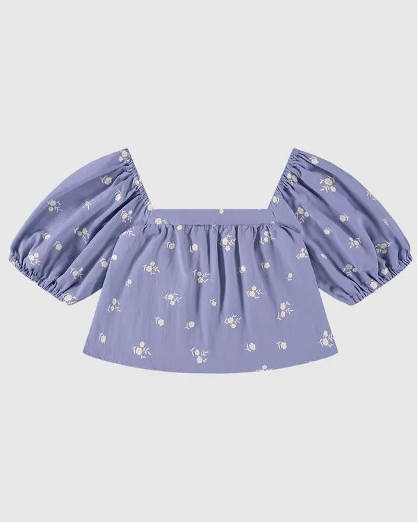 Blusa Feminina Decote Reto Em Algodão Bordado - ENFIM Azul - PP