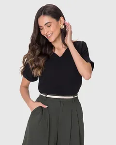Blusa Feminina Decote V Manga Curta Dobrada Em Viscose Preto - GG