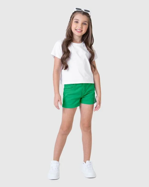Shorts Infantil Menina Cintura Média Em Sarja Com Elastano Malwee Kids Verde - 1