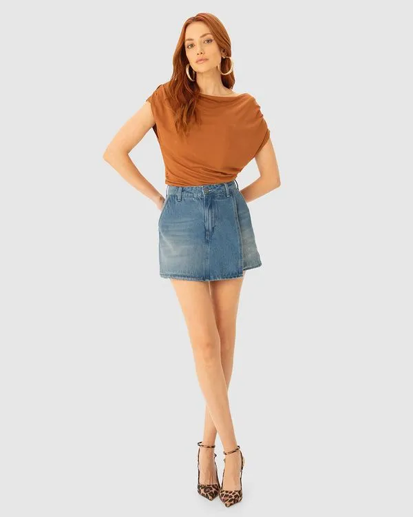 Shorts Saia Feminino Evasê Cintura Alta Jeans 100% Algodão - ENFIM Azul - 36