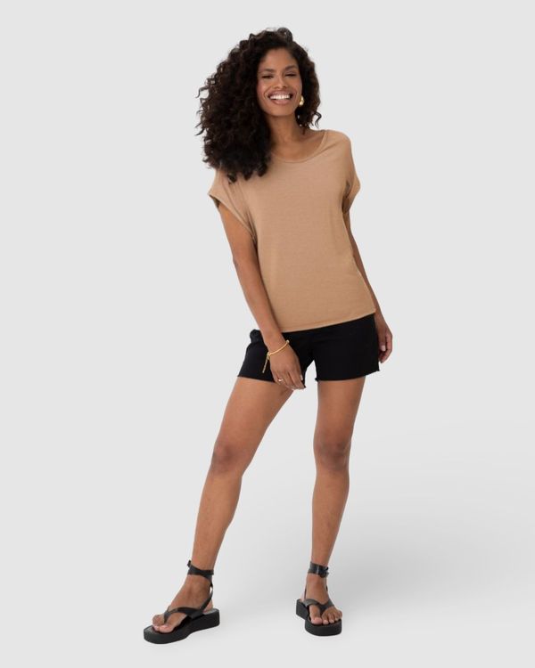 Blusa Feminina Decote Canoa Em Malha Viscolinho Stretch Marrom - XGG
