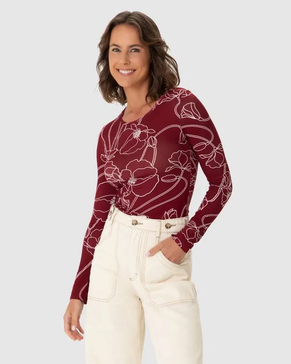 Blusa Feminina Estampada Decote Redondo Manga Longa Em Viscose Stretch Vermelho - GG