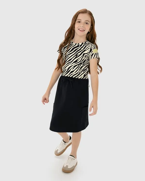 Conjunto Infantil Menina Blusa Animal Print + Saia Midi Cargo Malwee Kids Preto - 14